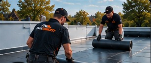 Vakman brengt dakbedekking aan op een plat dak